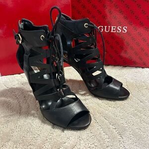 Guess Larkee Black Leather Strappy Heels